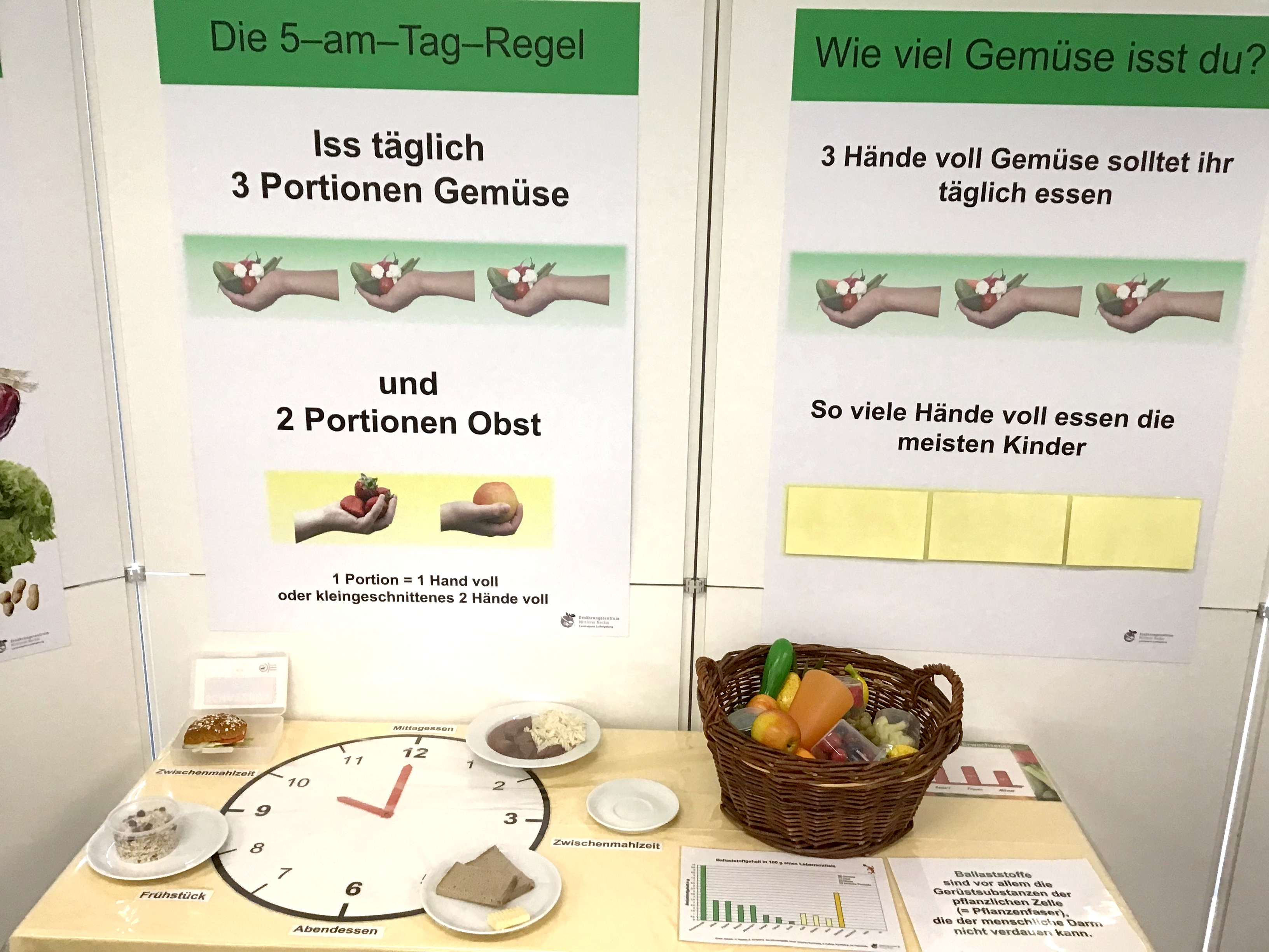 Aufbau zur Lehrschau mit Plakaten und praktischen Dingen