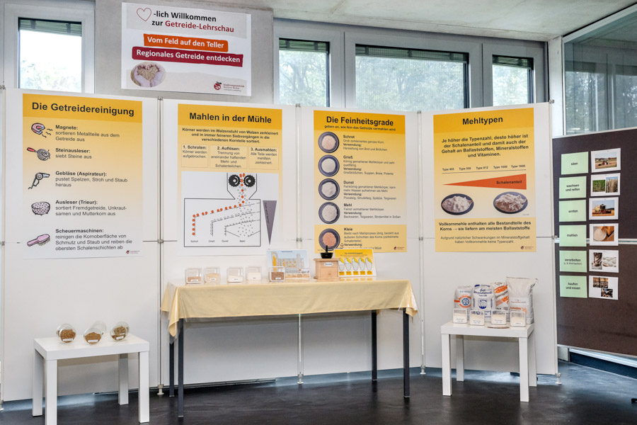 Aufbau zur Lehrschau mit Plakaten und Anschauungsmaterial